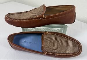 PETER MILLAR Sz 9 Brown Leather Loafers with Glen Plaid Slip on Driving Loafers